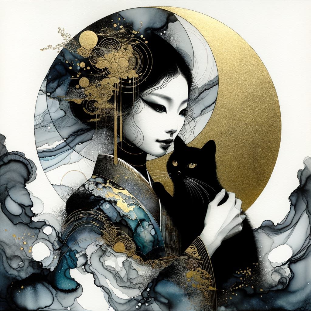 Imagine a minimalist portrait of a Japanese woman's face, cr...