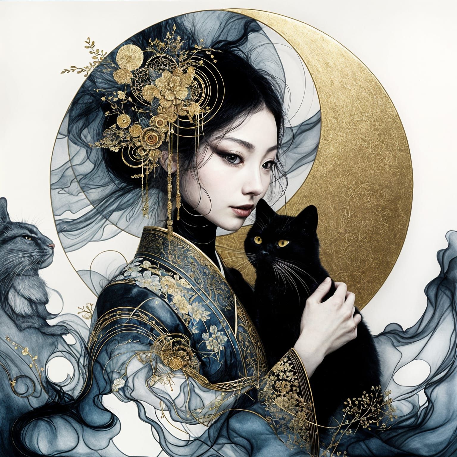 Imagine a minimalist portrait of a Japanese woman's face, created with alcohol ink and accented by thin gold lines. The ...