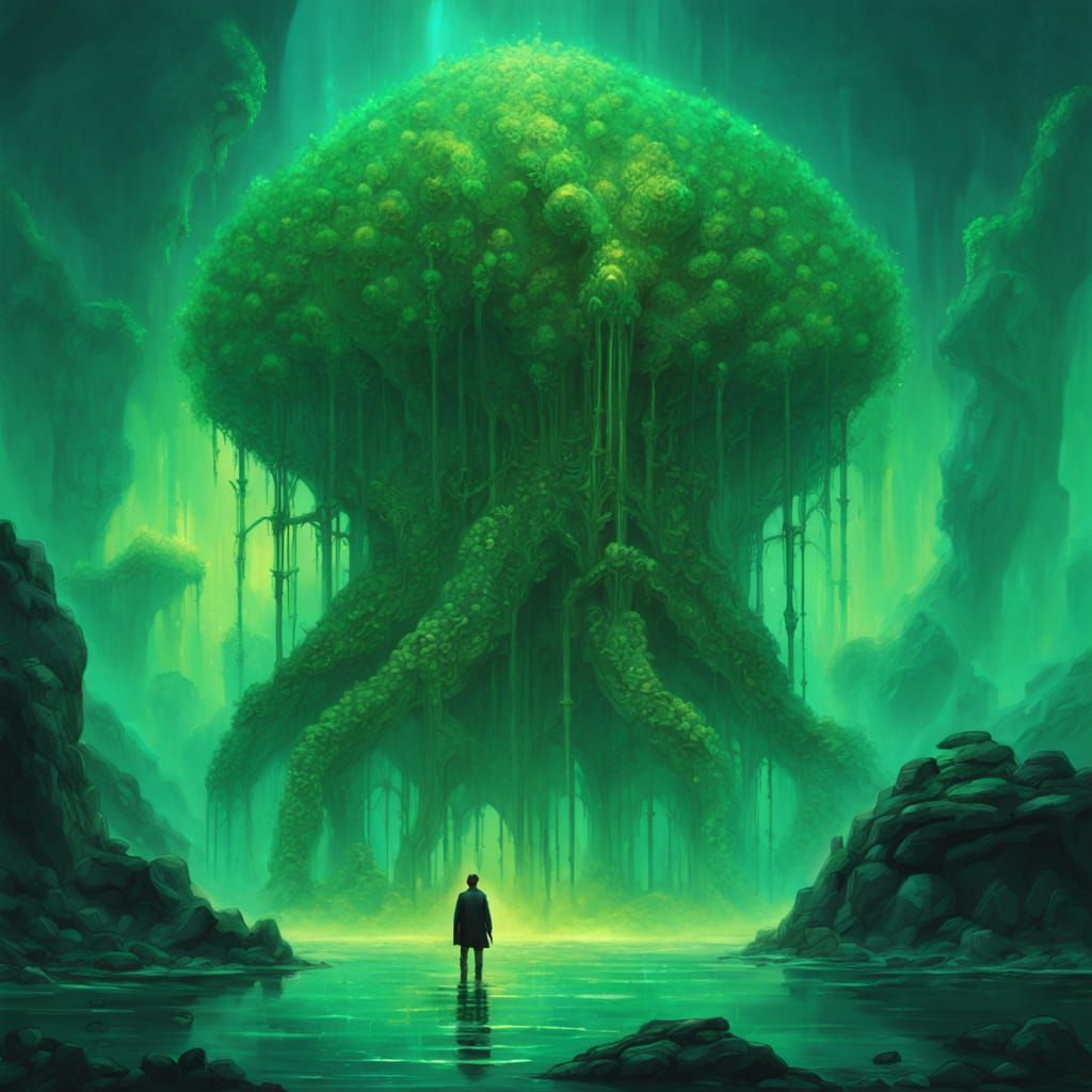 Ethereal Underwater Figure Contemplates Self Amidst Giant Sp...