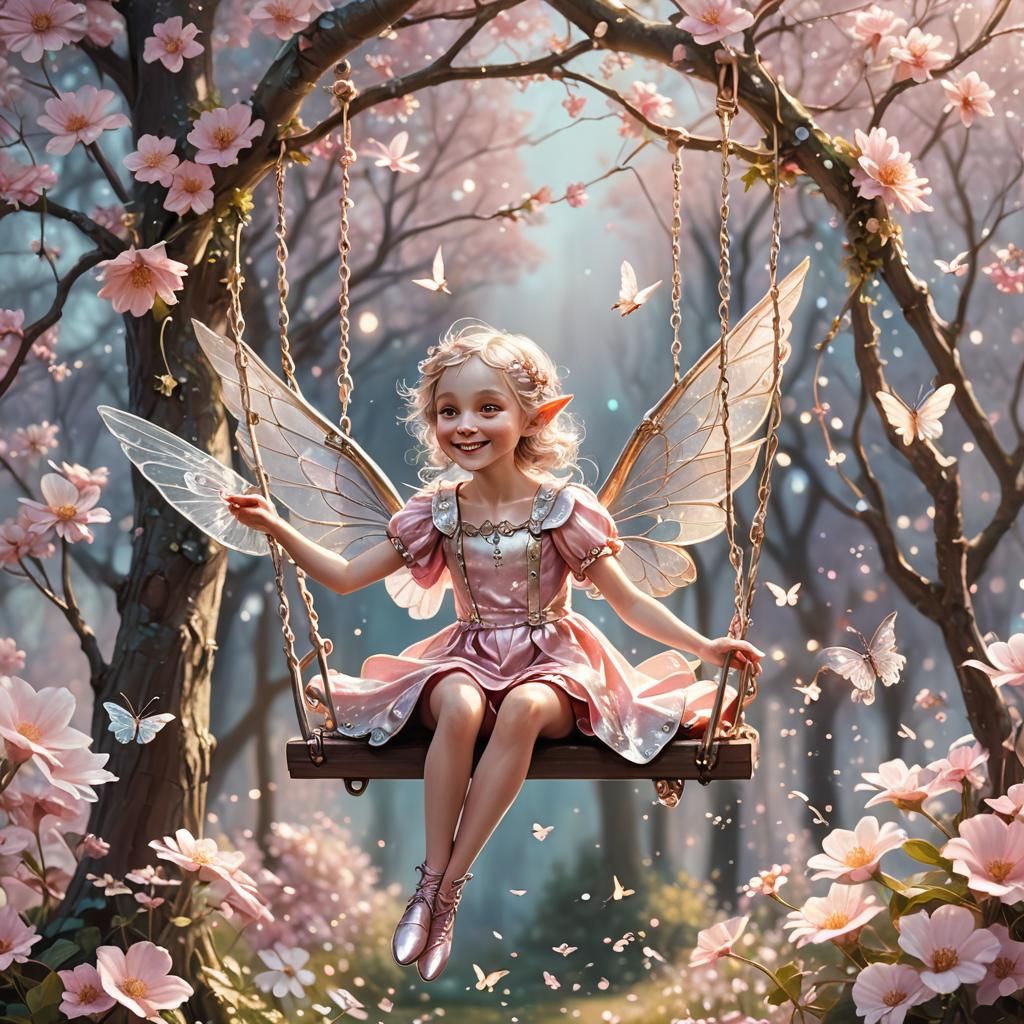 Whimsical Elf on a Swing in Pastel Colors