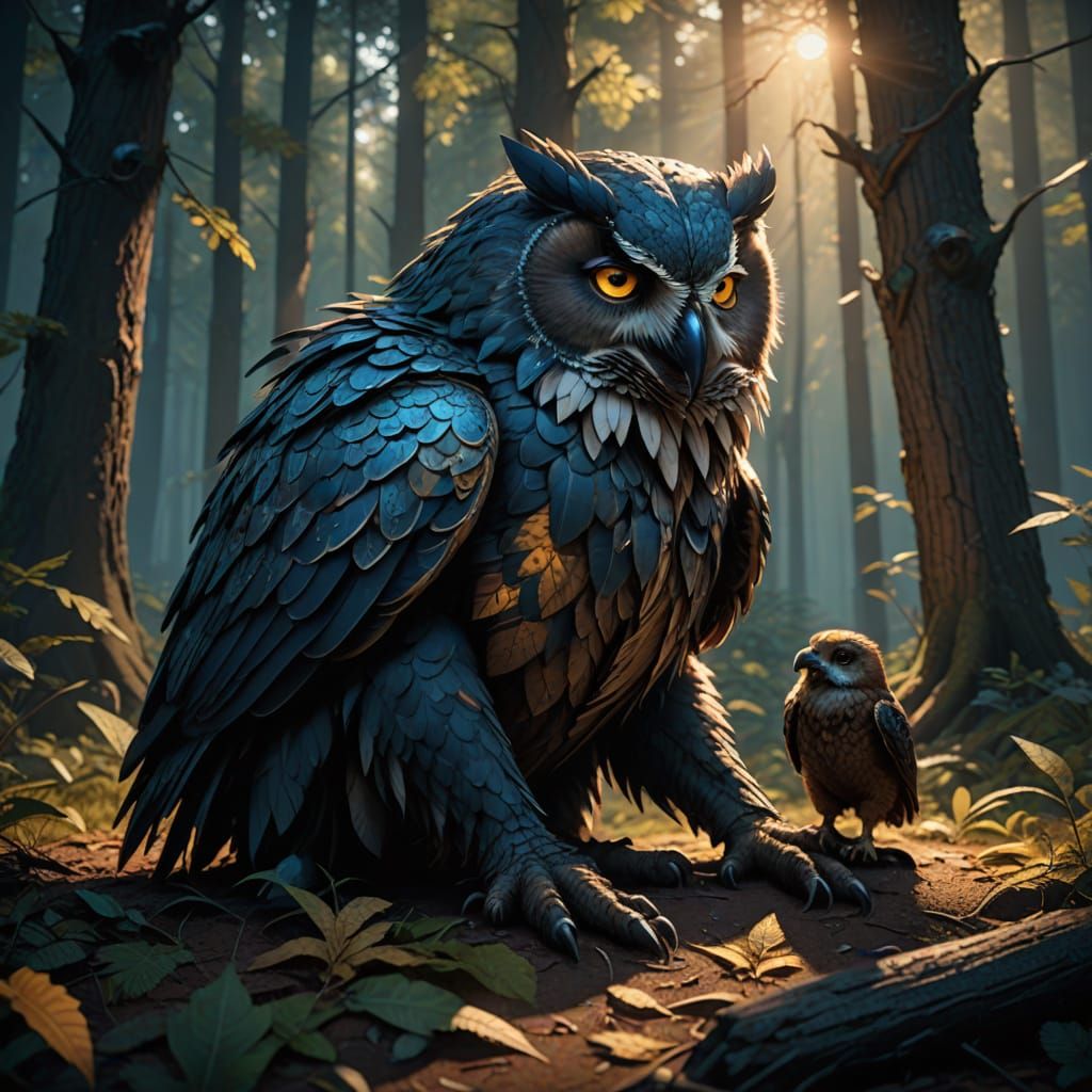 Fantasy Aarakocra Veterinarian Tends to Injured Owlbear Cub