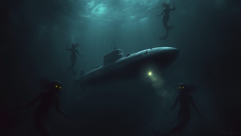 Sinister Mermaids Pursue German U-Boat in Gloomy Abyss