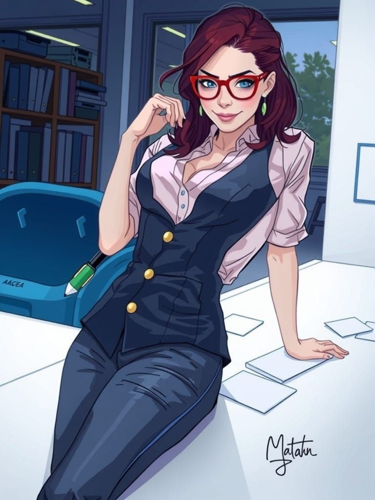 je souhaite une image en couleur d'une femme rousse avec une frange courte, coiffée avec un chignon. Elle porte des gros...