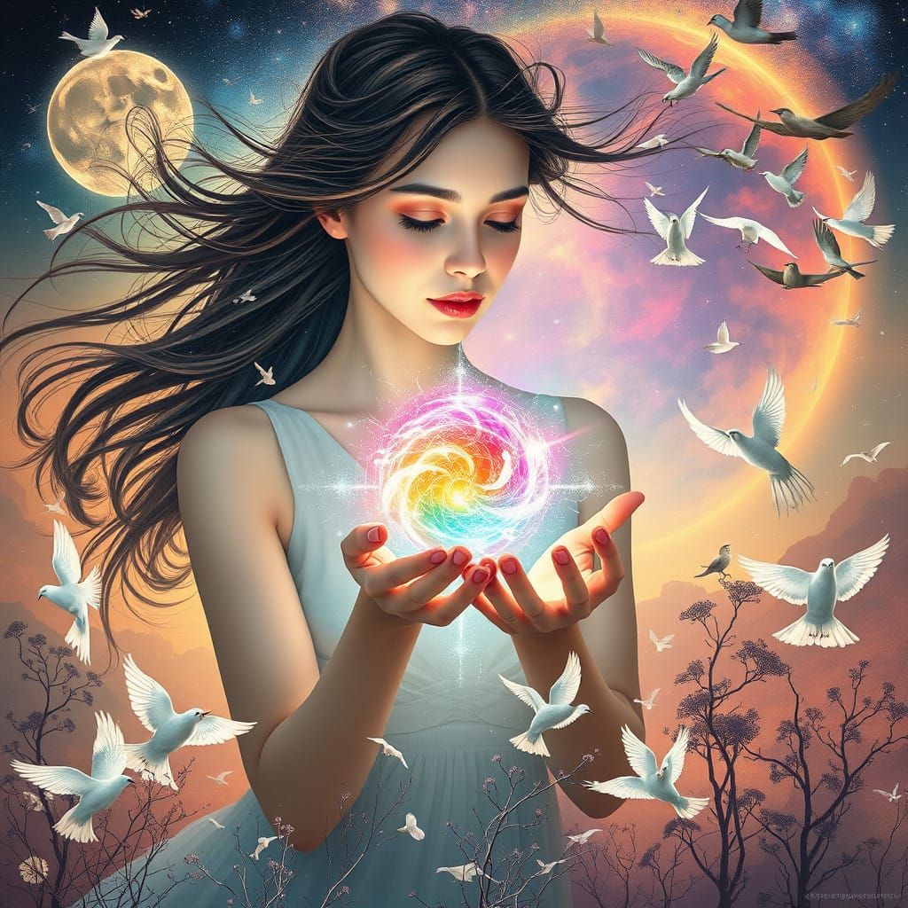 Serene Woman Embracing Cosmic Wonder Amidst Whimsical Nature...