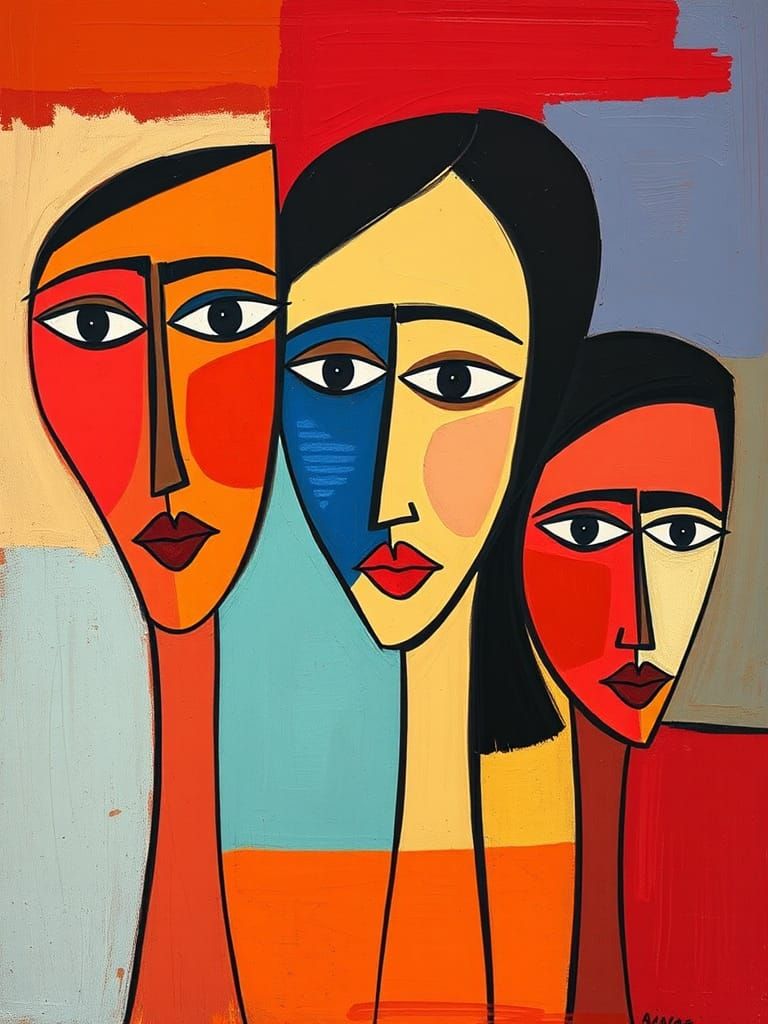 An abstract painting with stylized faces characterized by exaggerated, elongated features and large eyes.