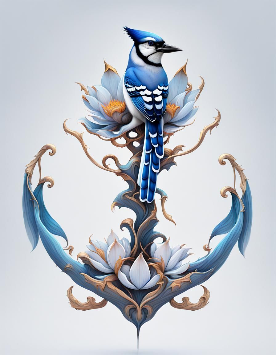 Blue Jay Emerges from Lotus Flower: Surreal Concept Art