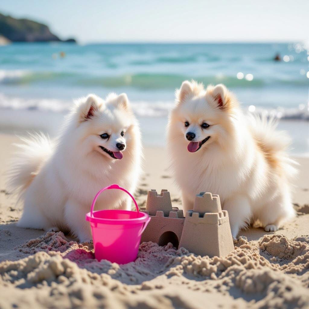 White Pomeranians Build Sandcastles on Beach