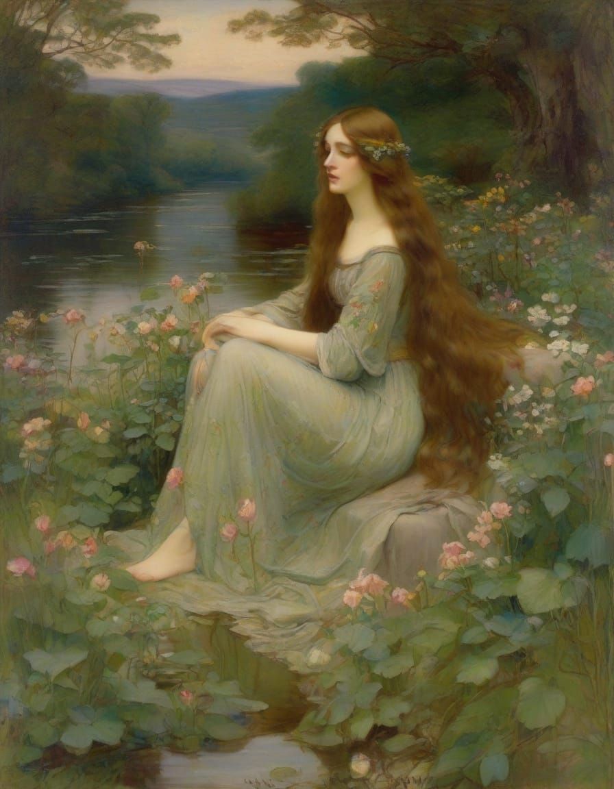 Romantic Maiden by Riverbank in Pre-Raphaelite Style