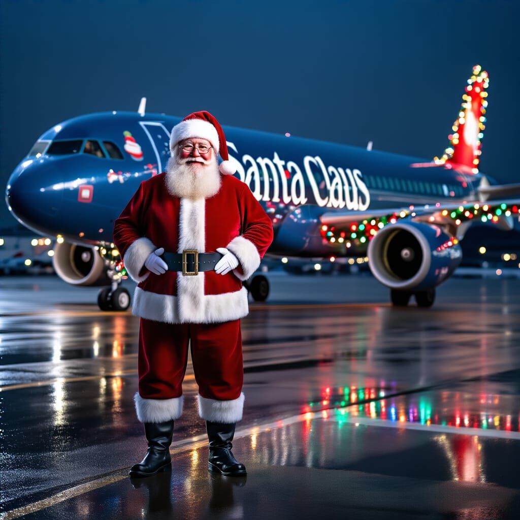 Photorealistic Santa Claus at Night Airport Tarmac