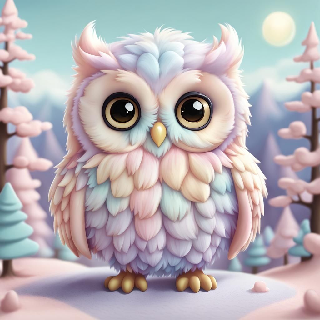 Pastel Chibi Owl in Dreamy Landscape