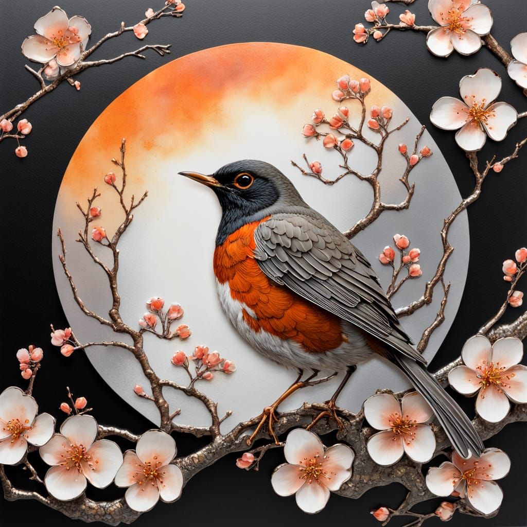 Whimsical Moonlit Robin Amidst Cherry Blossoms
