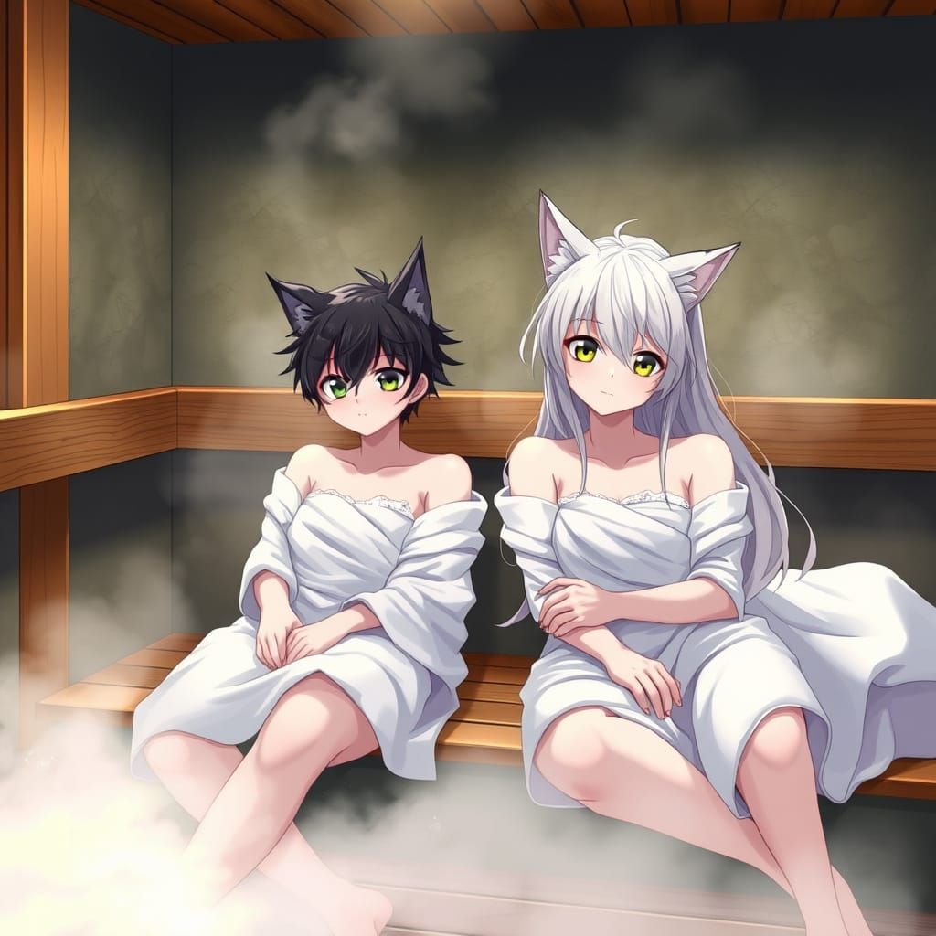 Anime Catgirls Soak in a Serene Sauna