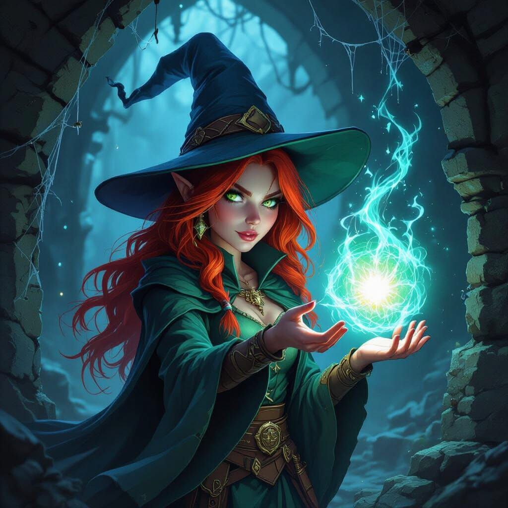 Red-Haired Gnome Wizard Casts Spell in Dark Dungeon