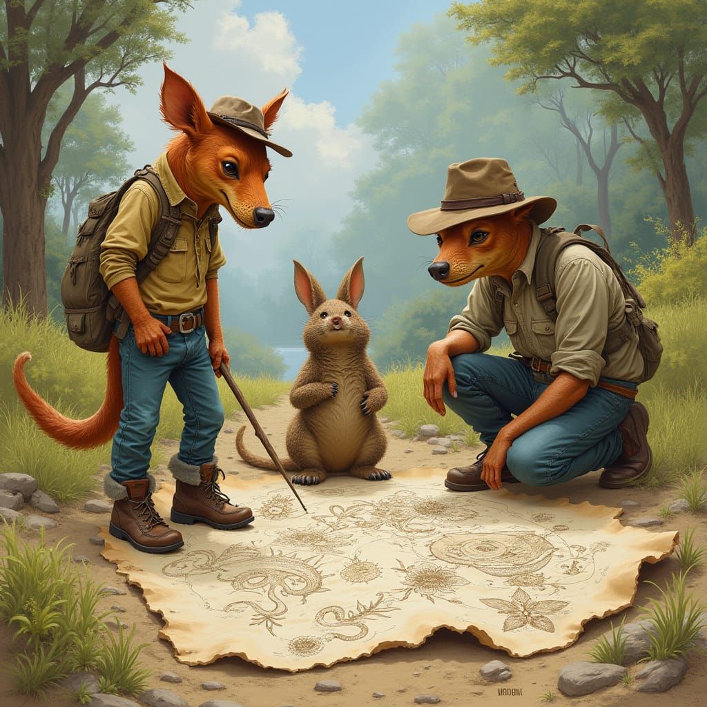 Friends Drawing Blueprints in Earthy Fantasy Style