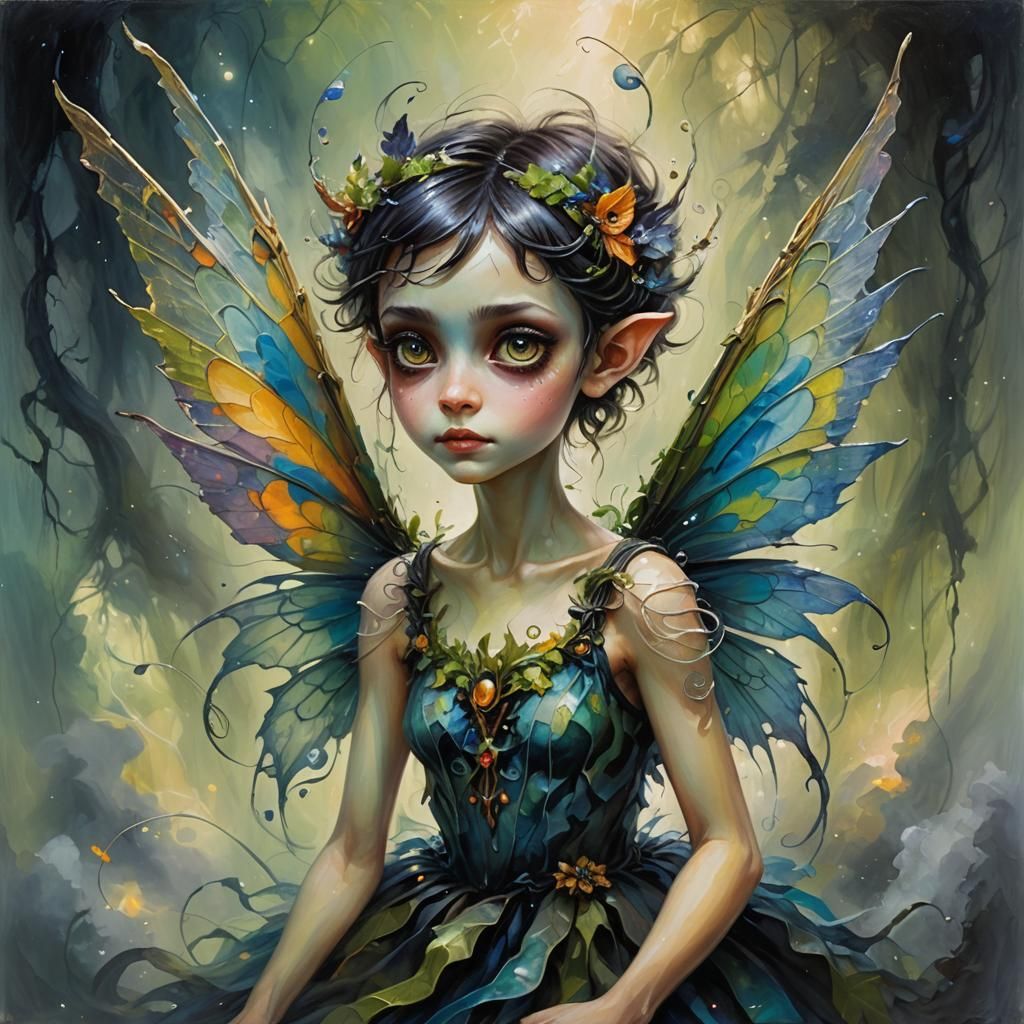 Eerie Pixie with Twisted Wings in Oil Painting