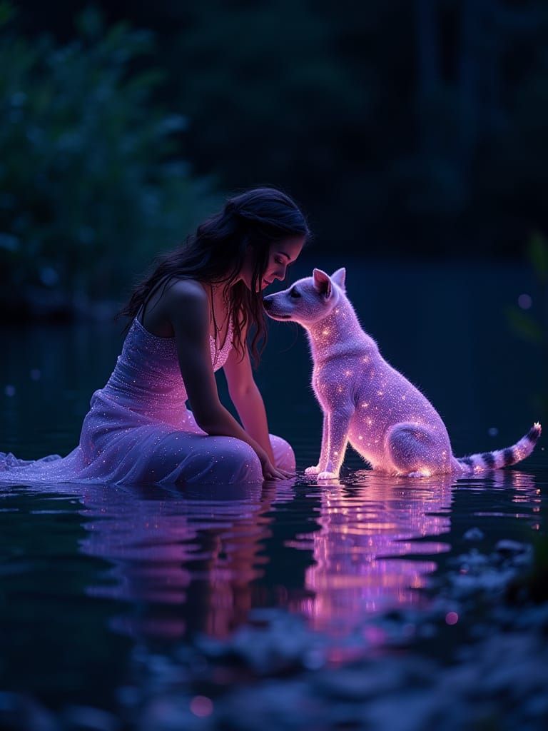 Mystical Nighttime Scene with Radiant Woman and Bioluminesce...