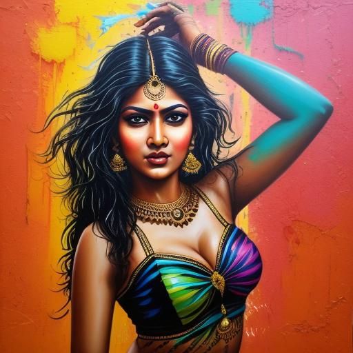 Indian Woman Dancing in Street Art Style