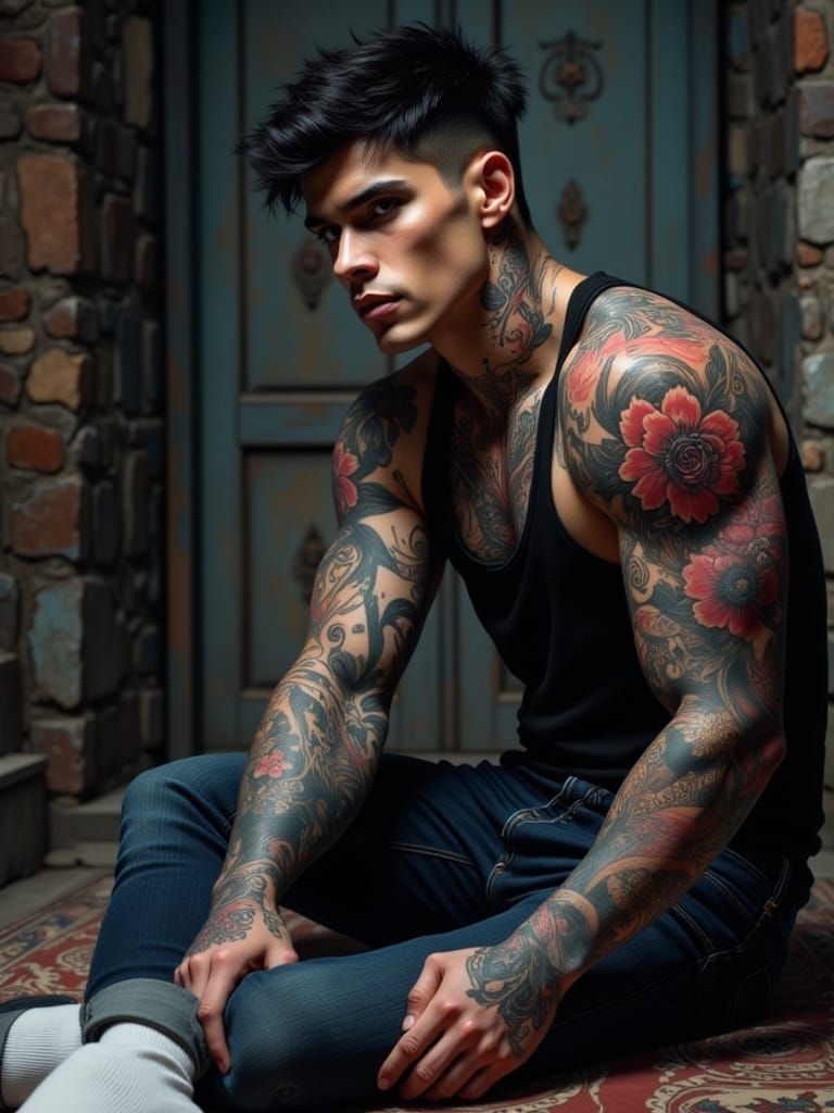 Romantic Goth Greaser with Rose Tattoo