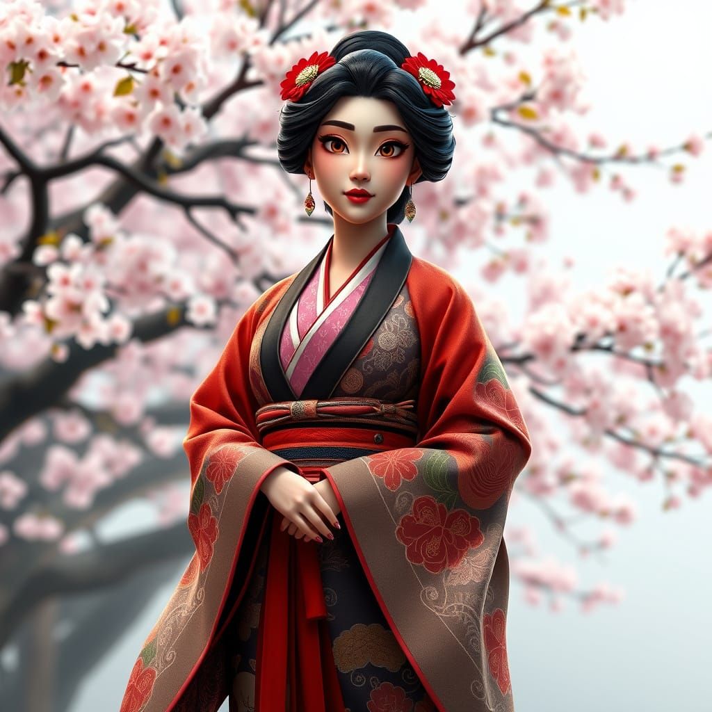 Asian Woman in Kabuki Robe with Cherry Blossoms