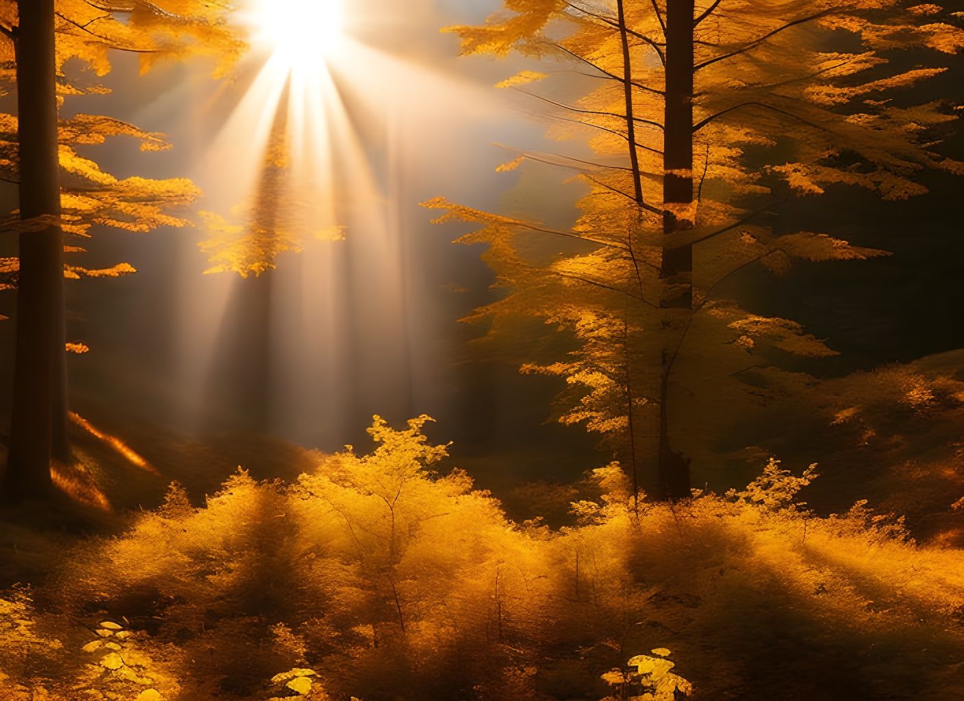 Cabin in Autumn Forest with Golden Sunlight