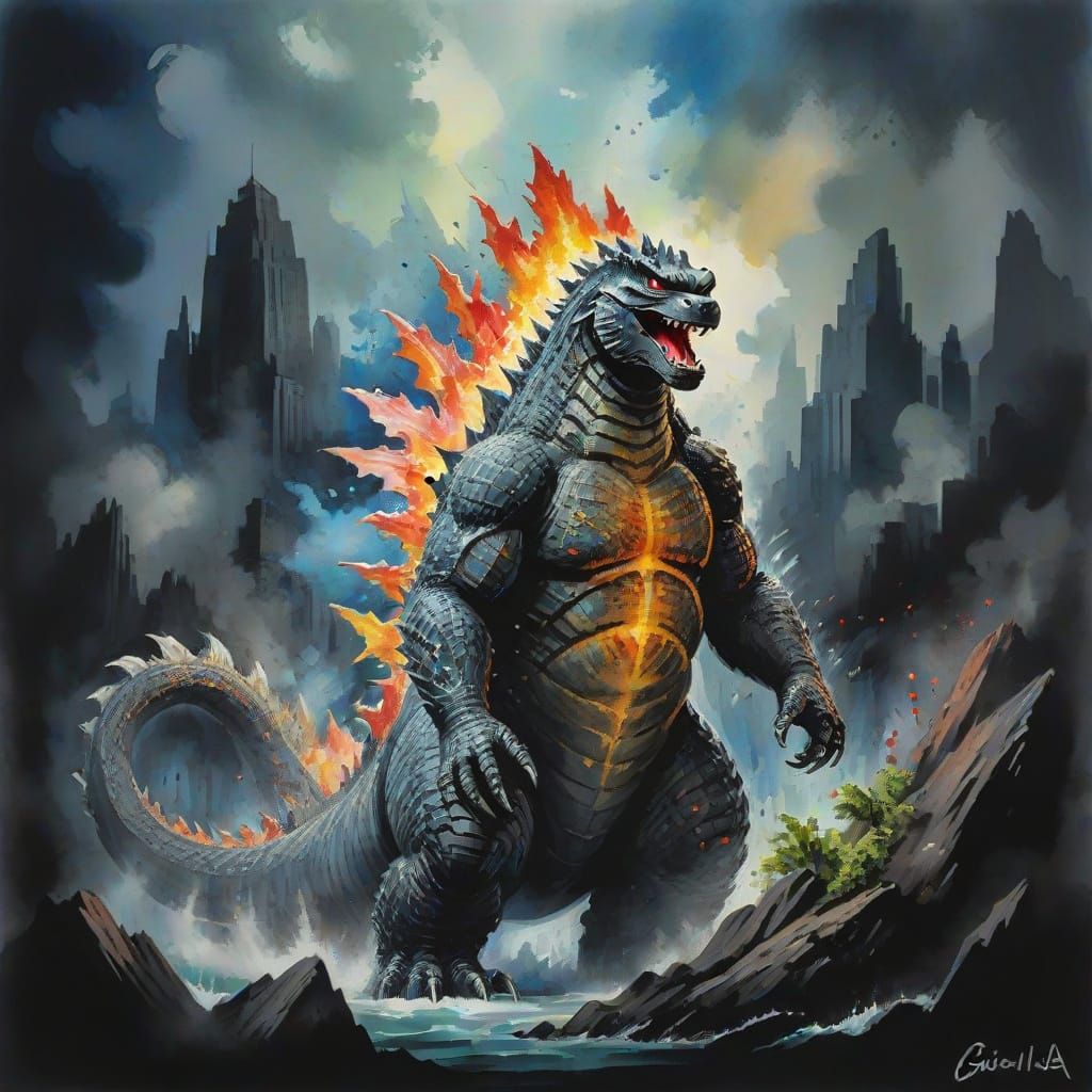 Godzilla as Gouache and Watercolor Impressionist Painting