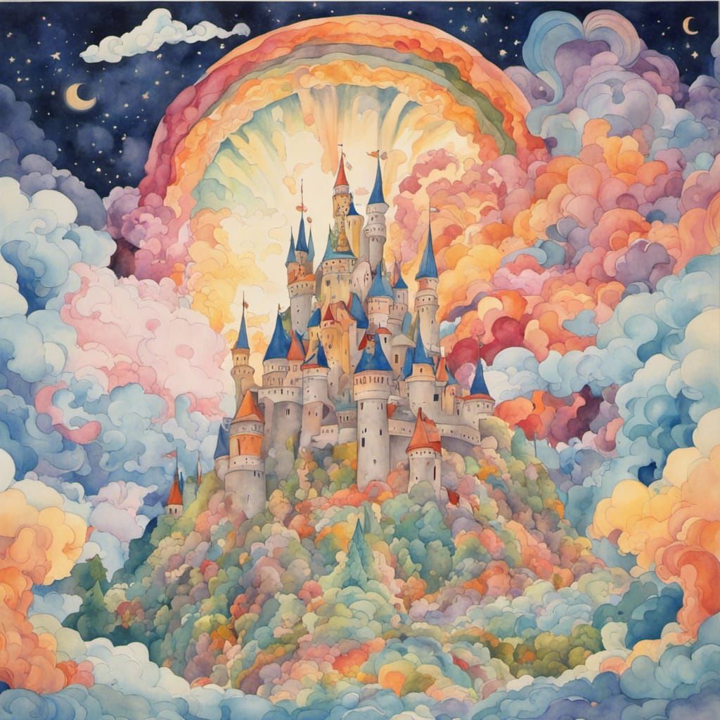 Psychedelic Castle Painting with Colorful Clouds