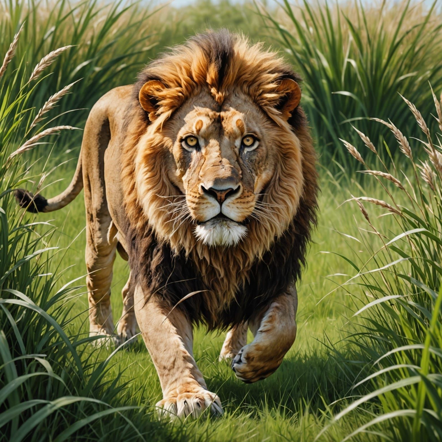 Lion Sneaking Through Grass, Cartoon Style