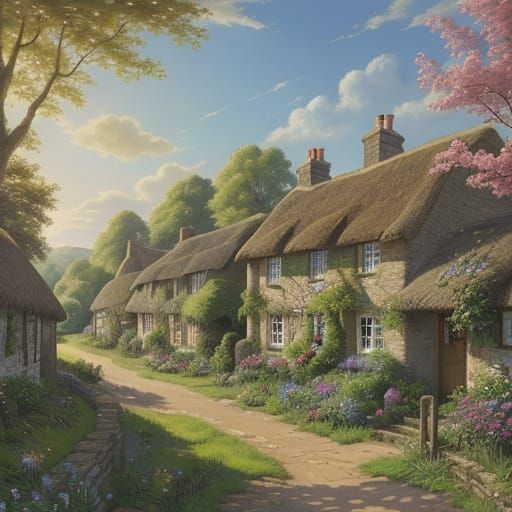 Sunny English Village Oil Painting with Thatched Cottage