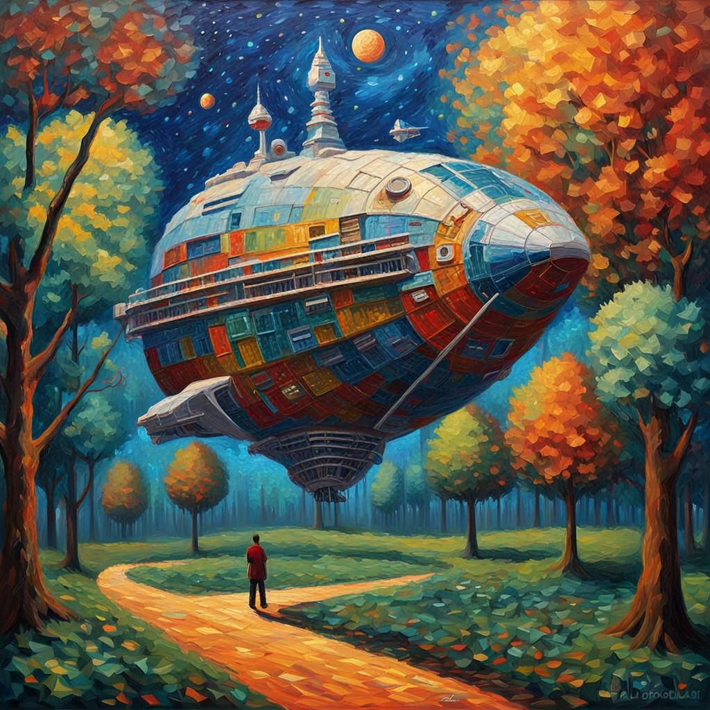 Bassoon Starship Orbiting Biblioteque in Expressionist Style