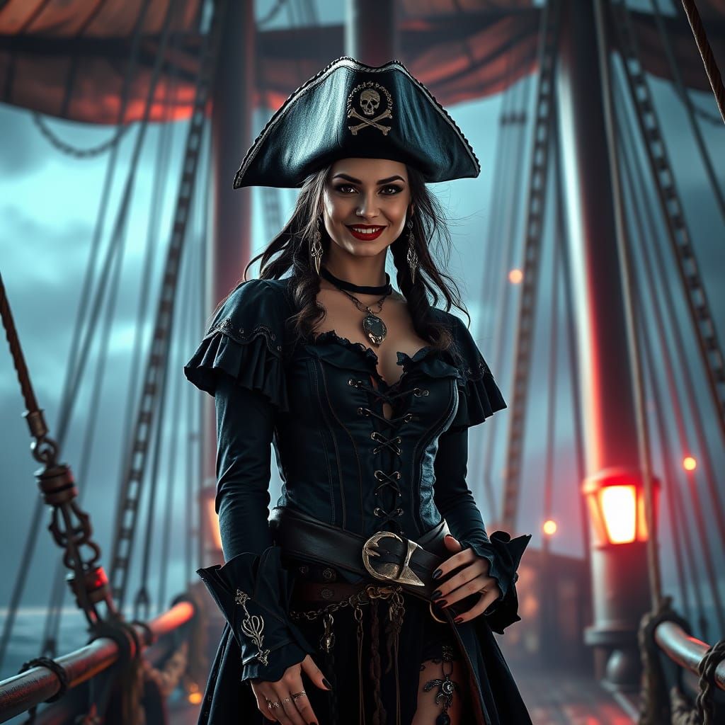 Gothic Pirate Woman on Ship in Dramatic Lighting