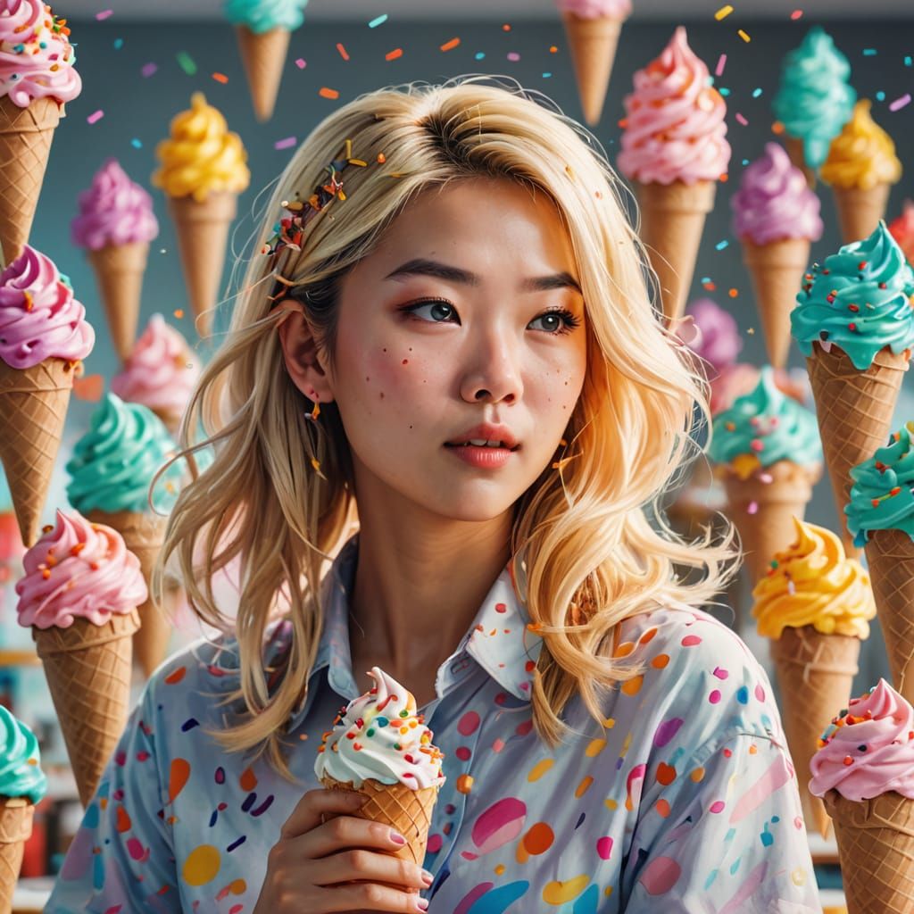 Vibrant Office Scene: Chinese Girl with Blonde Hair Enjoying...