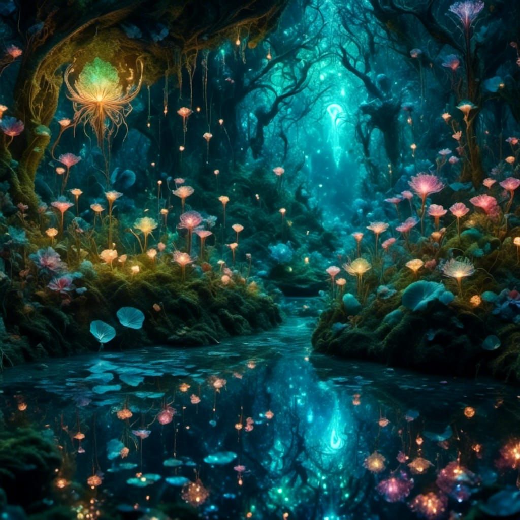 Bioluminescent Forest at Night in Dreamy Watercolor