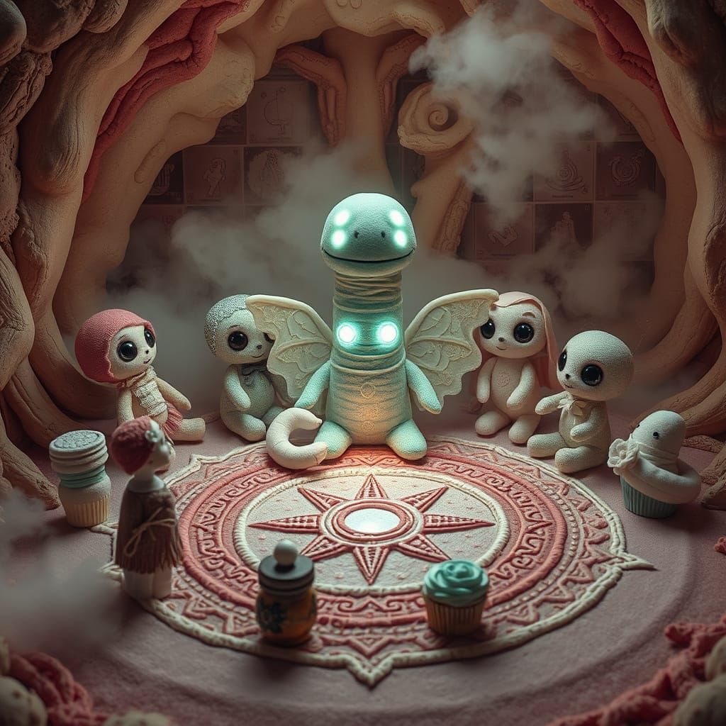 Eldritch-Kawaii Plush Ritual in Coral Nursery