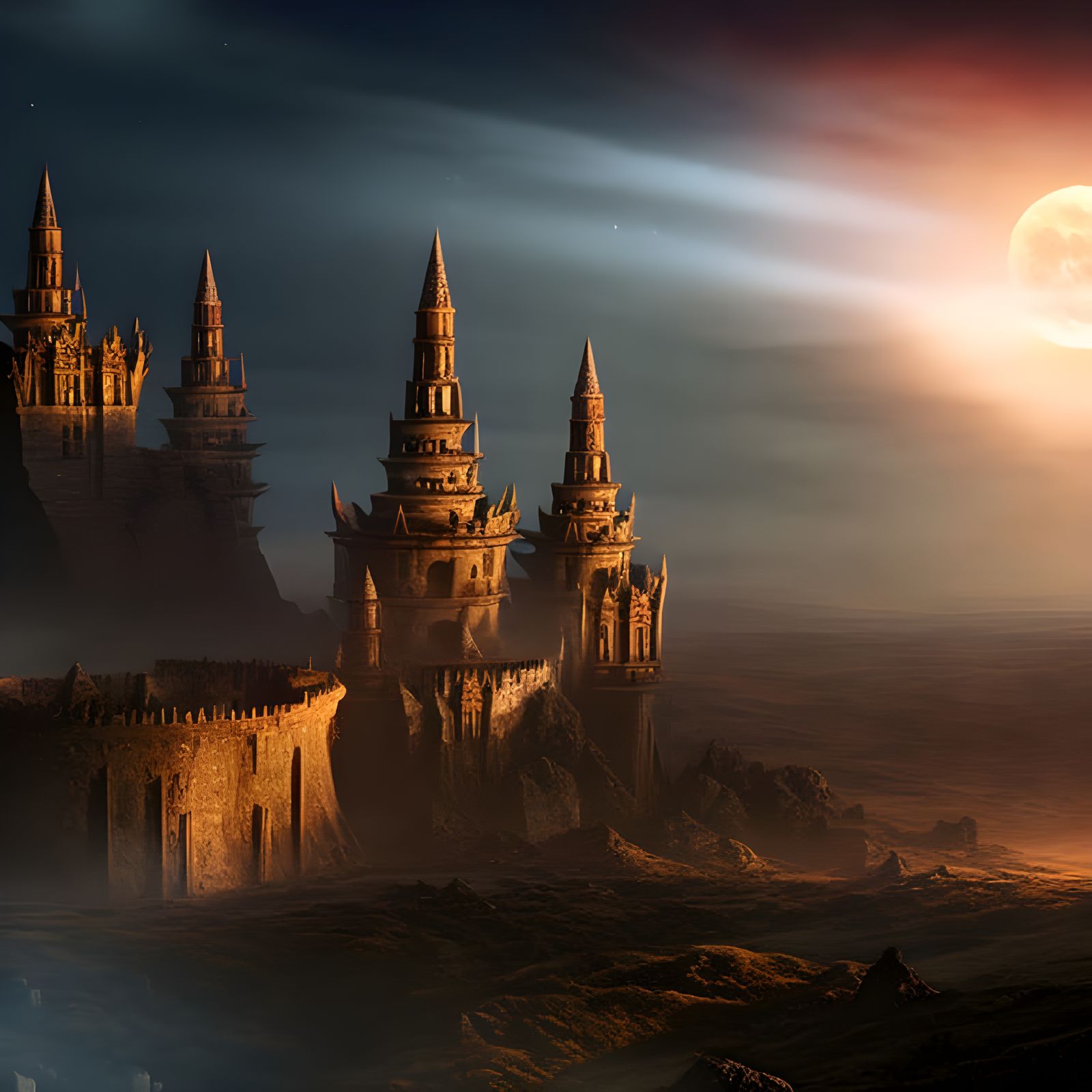 Epic Castle Ruins with Dragons in Starry Sky