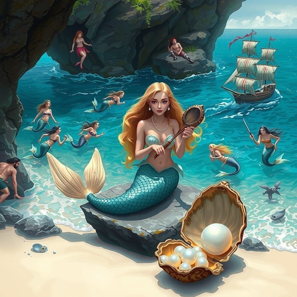 Mermaids in Whimsical Oceanic Scene