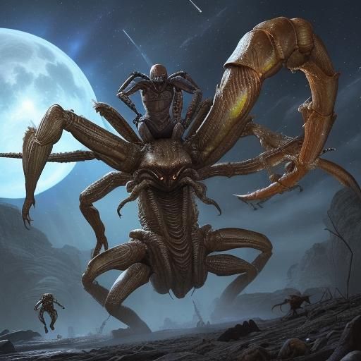 Alien Warriors Clash on Giant Spiders in Arena