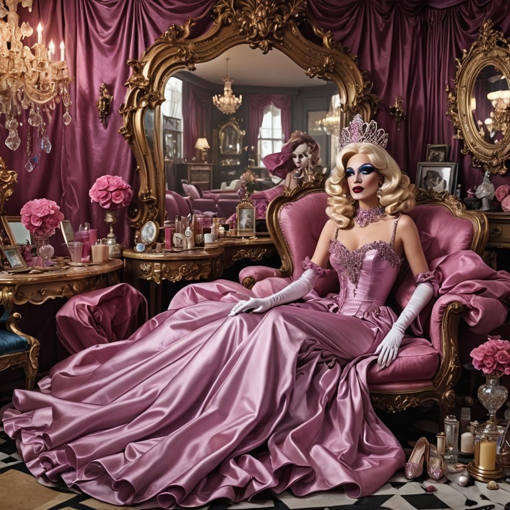 Extravagant Drag Queen in Satin Wonderland: Digital Art