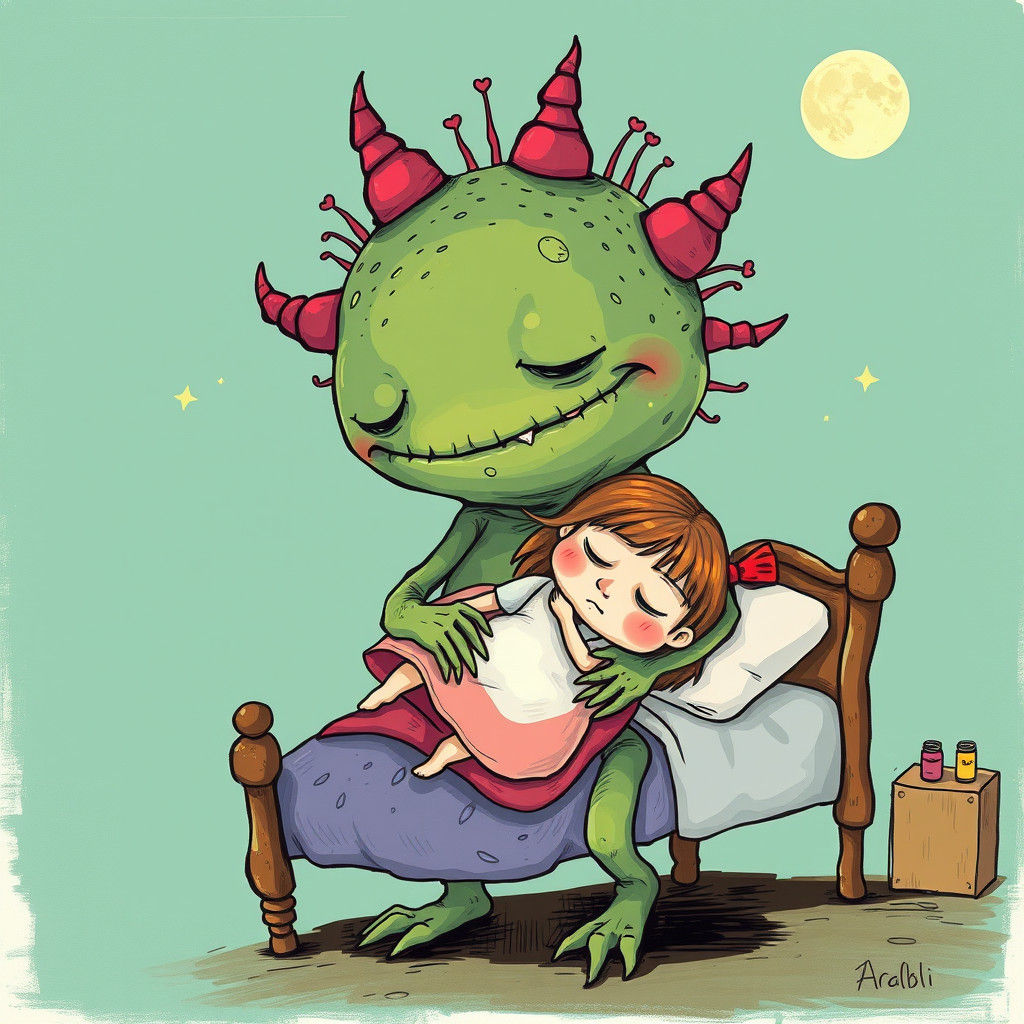 Cute Monster Carries Girl: Ghibli-Inspired Art Brut