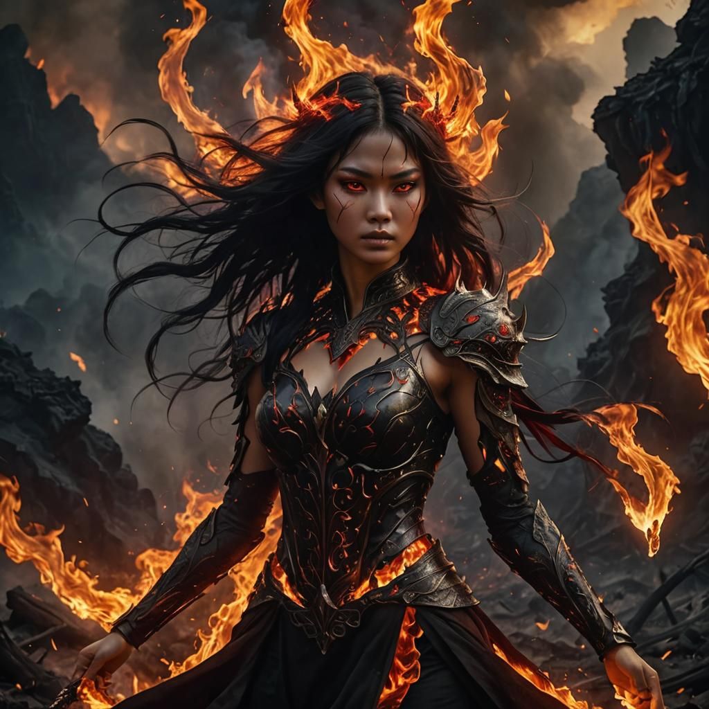 Thai Fire Goddess in Smoldering Landscape
