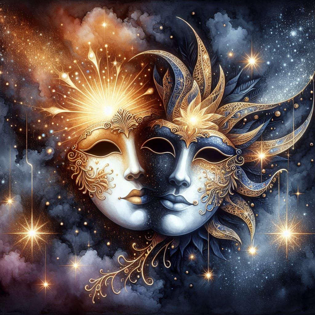 Watercolor Comedy and Tragedy Masks of Night and Day