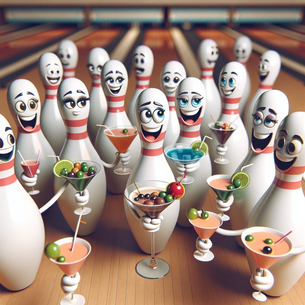 Bowling Pin Friends Raise a Glass in Joyful Celebration