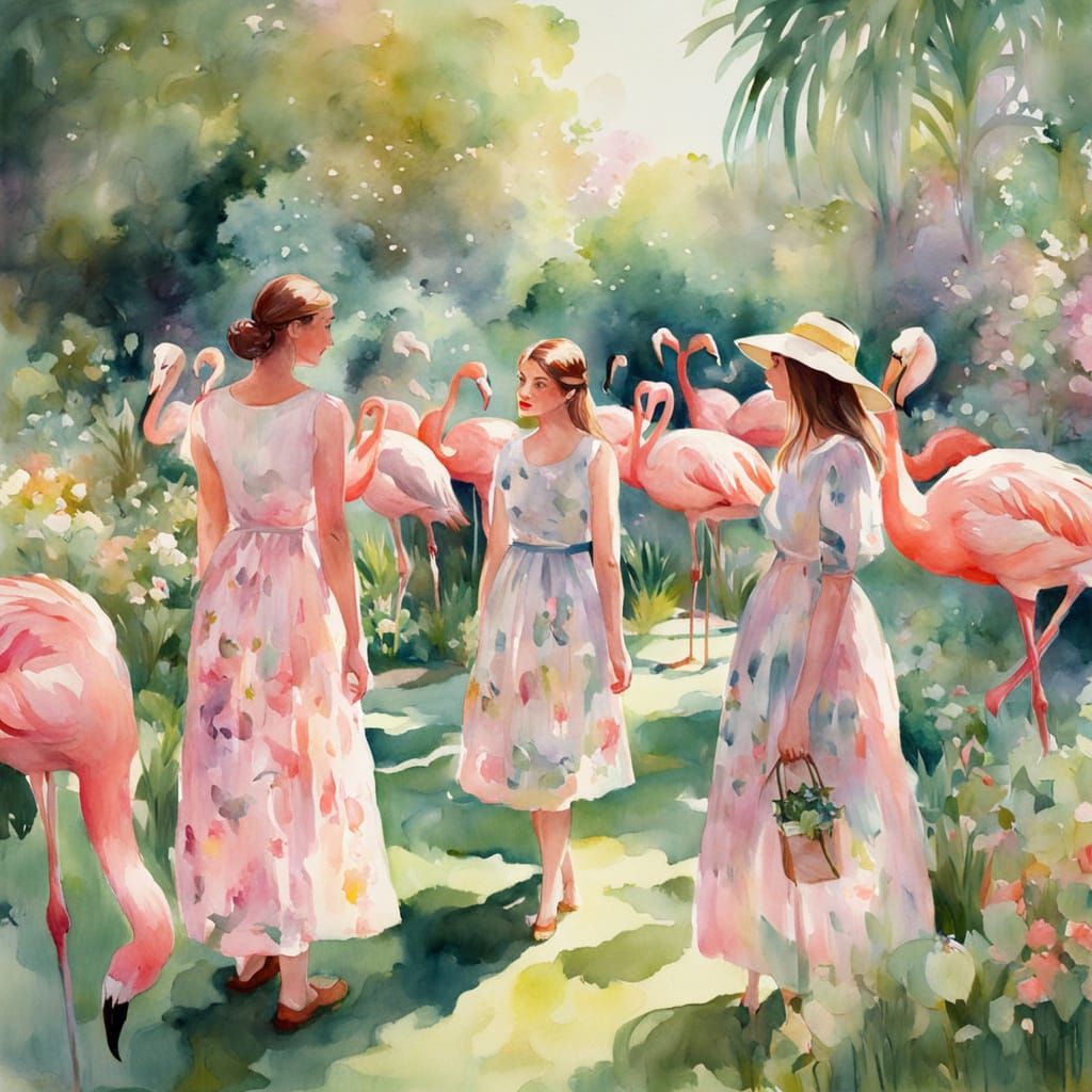 Women in a Whimsical Garden Setting with Flamingos