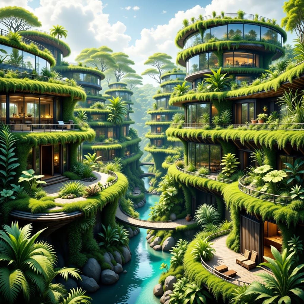 Futuristic Solarpunk Cityscape with Lush Rooftop Gardens