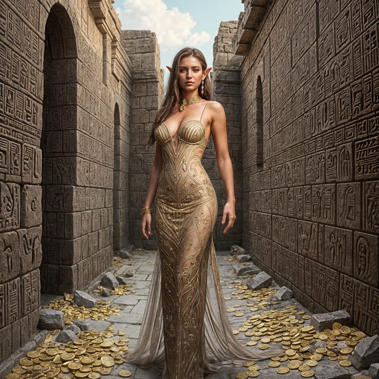 Elegant Elf Goddess Amid Ancient Ruins