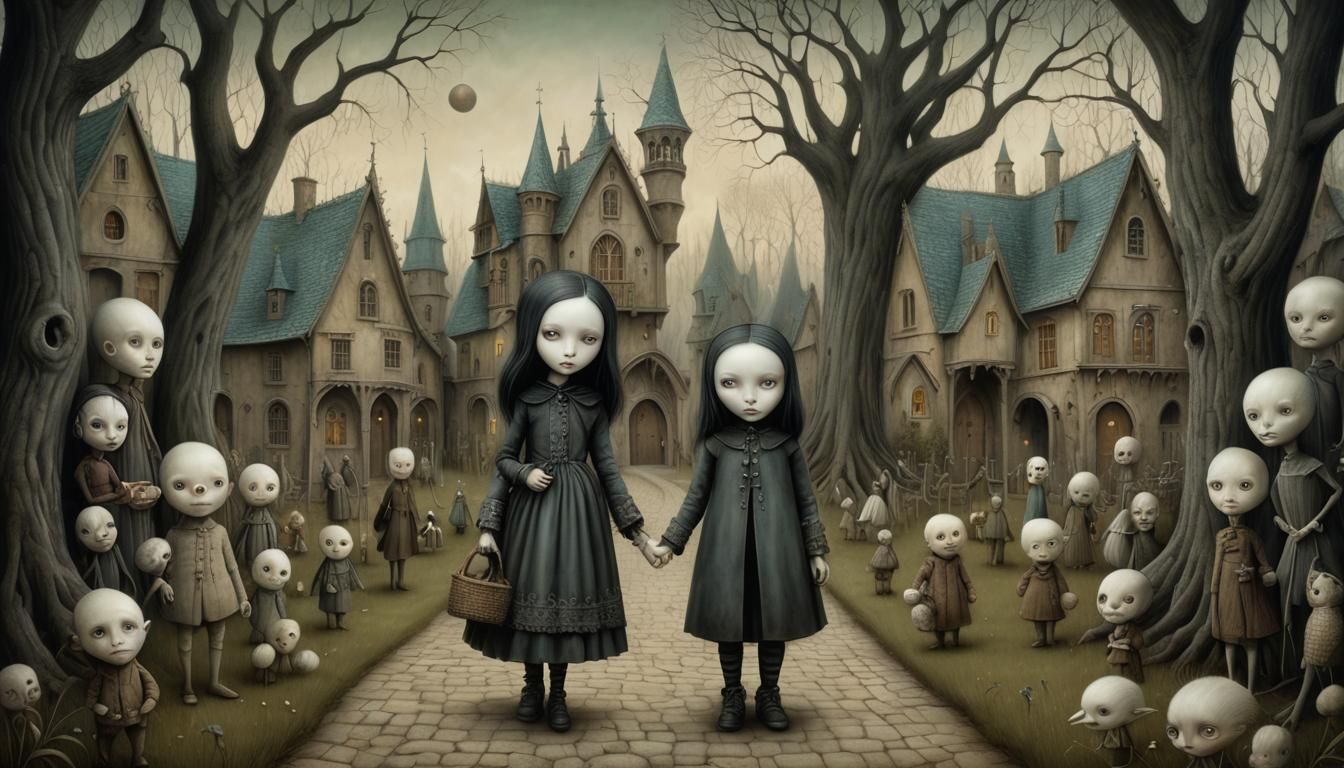 Surreal Gothic Girl in Town, Dark Fantasy Illustration