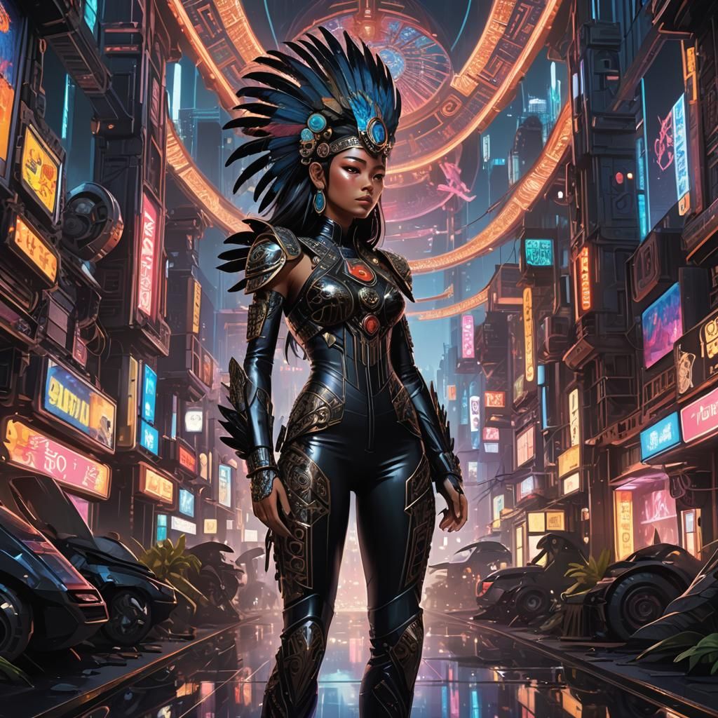 Aztec Girl in Futuristic Cityscape, Digital Art