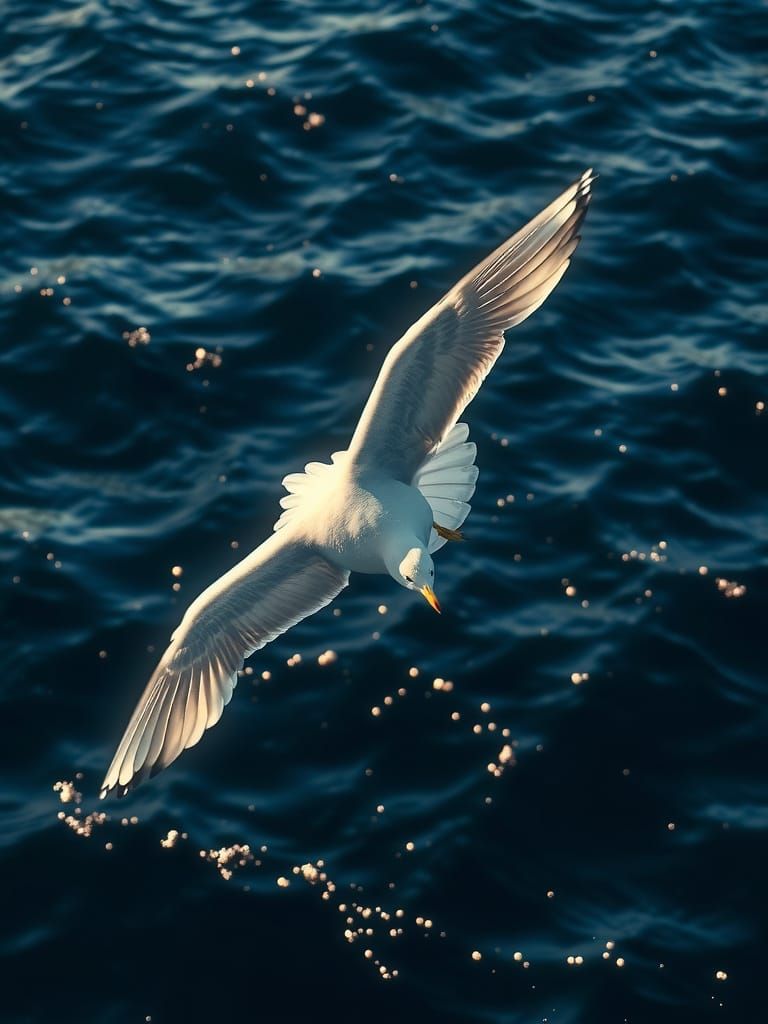 Seagull Soaring Above Deep Blue Ocean Waters