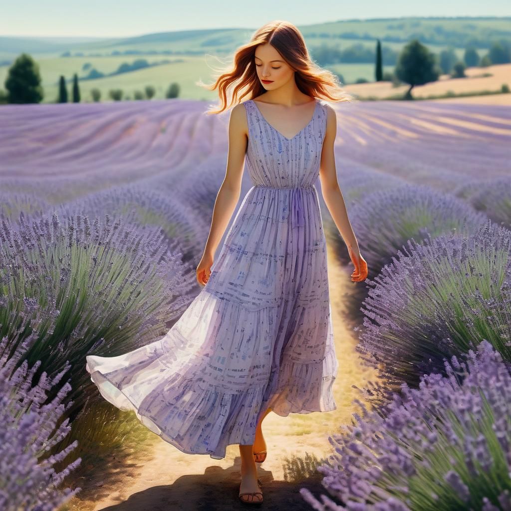 Fashion Model in Lavender Field, Gouache Illustration