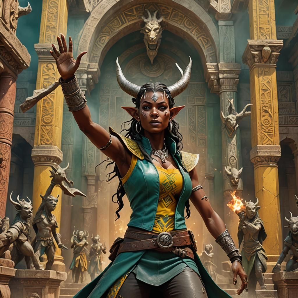 Teal Tiefling Conjures Fireball in Ancient Temple
