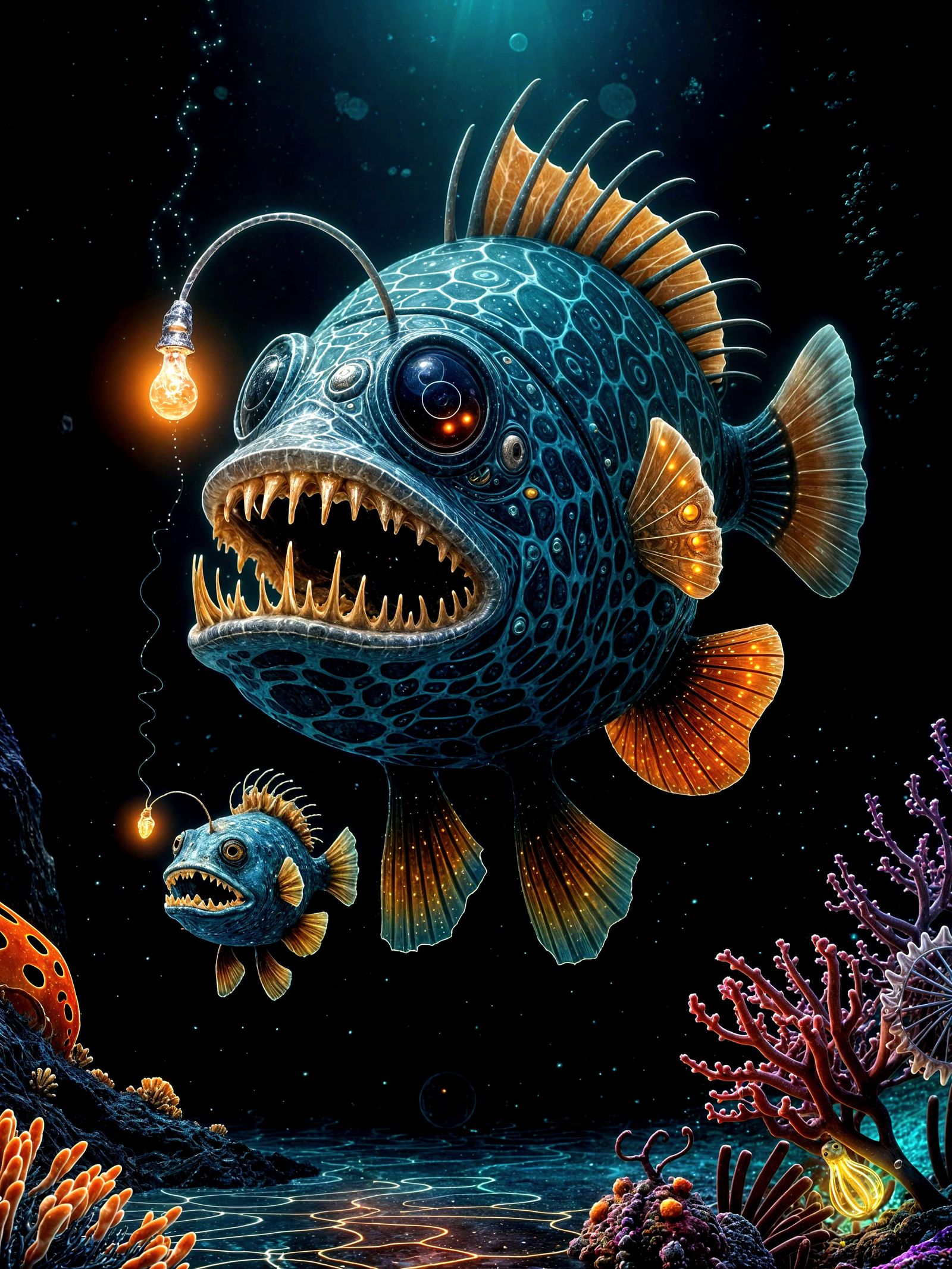 Vibrant Digital Art of Alien Anglerfish and Bioluminescent O...